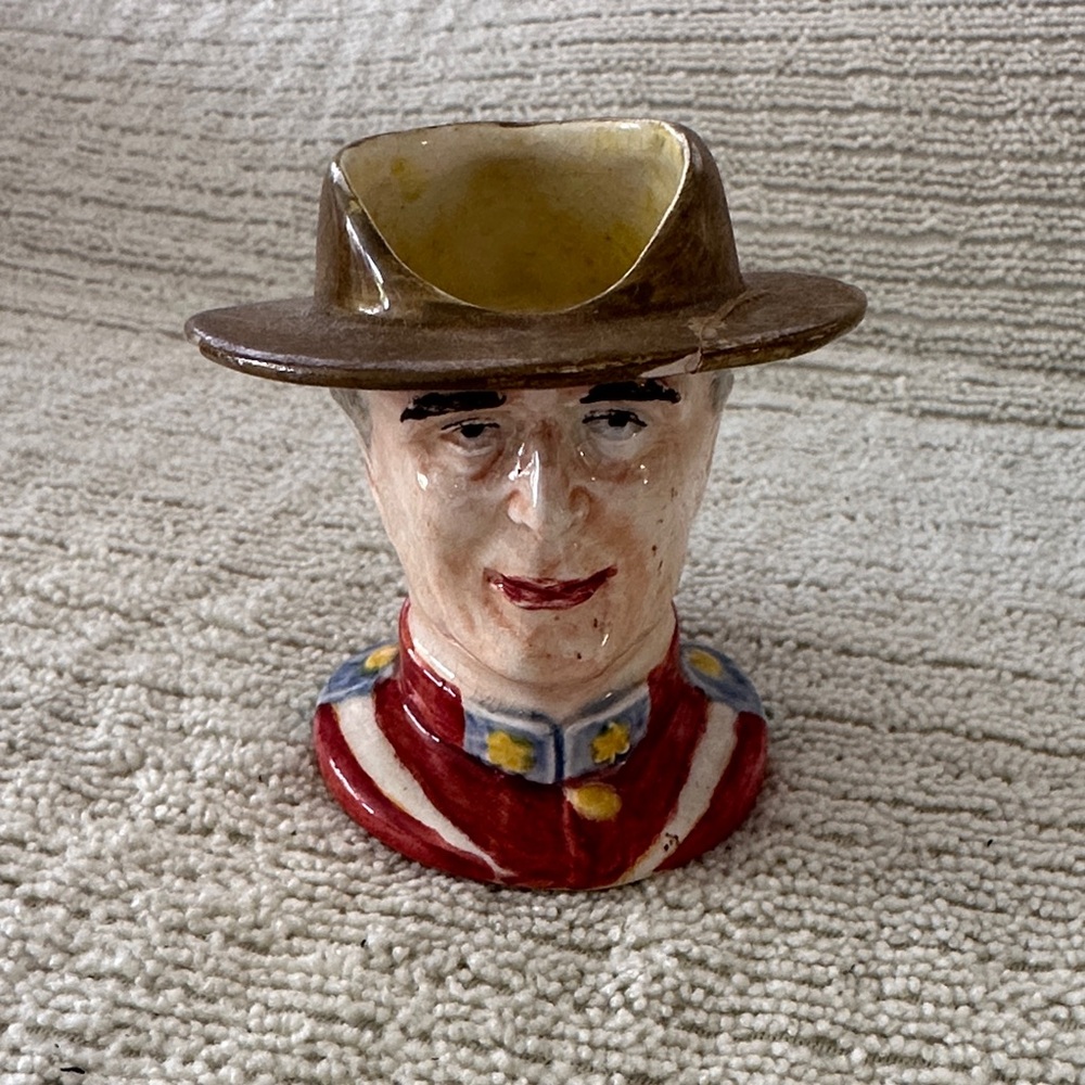 Ceramic Soldier Head Art Piece - Brown, Red, and Cream